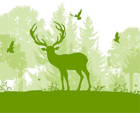 Green nature landscape with deer, tree and birds. Vector illustration. Stock Photo - Budget Royalty-Free & Subscription, Code: 400-09112952