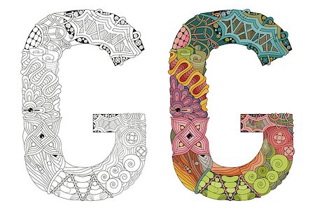 simsearch:400-09113025,k - Hand-painted art design. Letter G zentangle objects. Colored and outline set Foto de stock - Royalty-Free Super Valor e Assinatura, Número: 400-09113025