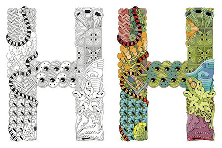 simsearch:400-09113025,k - Hand-painted art design. Letter H zentangle objects. Colored and outline set Foto de stock - Royalty-Free Super Valor e Assinatura, Número: 400-09113027