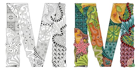 simsearch:400-09113025,k - Hand-painted art design. Letter M zentangle objects. Colored and outline set Foto de stock - Royalty-Free Super Valor e Assinatura, Número: 400-09113023