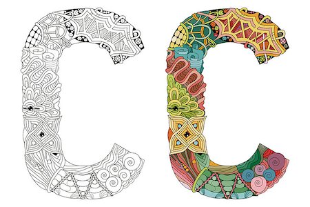 Hand-painted art design. Letter C zentangle objects. Colored and outline set Foto de stock - Royalty-Free Super Valor e Assinatura, Número: 400-09113030