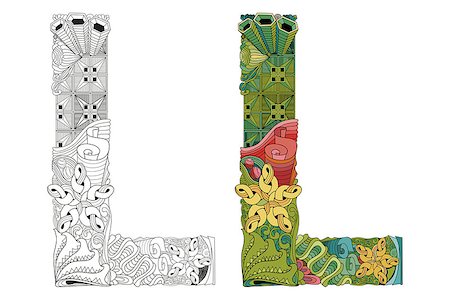 simsearch:400-09113025,k - Hand-painted art design. Letter L zentangle objects. Colored and outline set Foto de stock - Royalty-Free Super Valor e Assinatura, Número: 400-09113033
