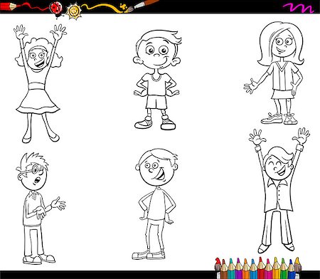 school black and white cartoons - Black and White Cartoon Illustration of Happy Children Characters Set Coloring Book Stock Photo - Budget Royalty-Free & Subscription, Code: 400-09113270