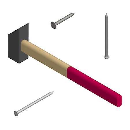 silhouette as carpenter - Hammer and nails isolated on white background. Elements design of the working tool and fasteners. Flat 3d isometric style, vector illustration. Stock Photo - Budget Royalty-Free & Subscription, Code: 400-09113377