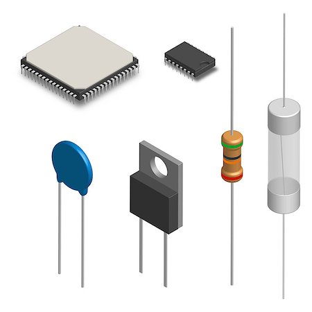 simsearch:400-09120941,k - Set of different active and passive electronic components isolated on white background. Resistor, capacitor, diode, microcircuit, fuse and button. 3D isometric style, vector illustration. Stock Photo - Budget Royalty-Free & Subscription, Code: 400-09113385