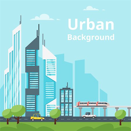 Vector  cartoon style illustration of city landscape. Urban skyline. Modern skyscrapers and city transport. Stock Photo - Budget Royalty-Free & Subscription, Code: 400-09113397