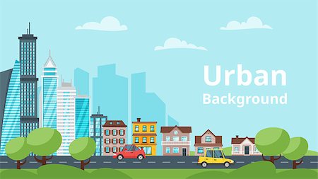 Vector  cartoon style illustration of city landscape. Urban skyline. Modern skyscrapers and city transport. Stock Photo - Budget Royalty-Free & Subscription, Code: 400-09113399