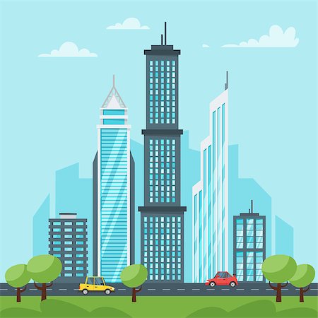 simsearch:400-08998747,k - Vector  cartoon style illustration of city landscape. Urban skyline. Modern skyscrapers and city transport. Stockbilder - Microstock & Abonnement, Bildnummer: 400-09113393