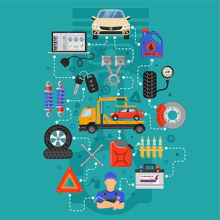 simsearch:400-04561871,k - Car Service Infographics with Flat Icons for Poster, Web Site, Advertising like Laptop, Tow, Battery, Brake, Mechanic. Isolated vector illustration Foto de stock - Super Valor sin royalties y Suscripción, Código: 400-09113565