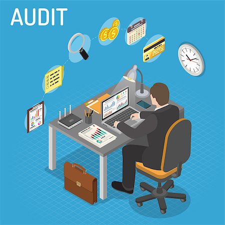 Auditing, Tax, Accounting Isometric Concept. Auditor works on laptop and Checks Financial Report. Charts, magnifier, router and smartphone isometric icons. Vector illustration Fotografie stock - Microstock e Abbonamento, Codice: 400-09113569