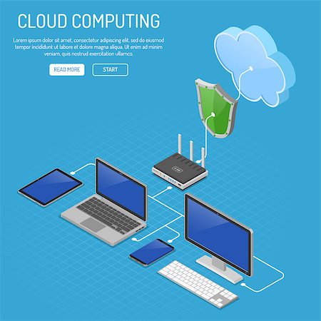 simsearch:400-09172515,k - Cloud Computing Technology Isometric Concept with Computer, Laptop, Smartphone, Tablet, Router and Shield Icons. Security cloud storage server. Vector illustration Stock Photo - Budget Royalty-Free & Subscription, Code: 400-09113571