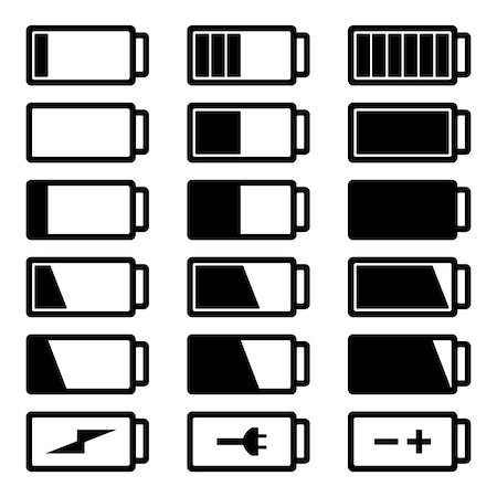 Battery flat black icon set vector illustration isolated on white background eps10. Symbols of battery charge level, full and low. Fotografie stock - Microstock e Abbonamento, Codice: 400-09113794