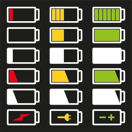 Battery flat icon set vector illustration isolated on gray background eps10. Symbols of battery charge level, full and low. Fotografie stock - Microstock e Abbonamento, Codice: 400-09113795