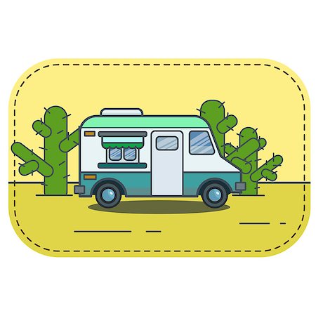 fast food city - Cute retro food truck illustration in flat cartoon vector style. Little blue green fast food restaurant van in desert with cacti. Sign, banner or icon Stock Photo - Budget Royalty-Free & Subscription, Code: 400-09113807