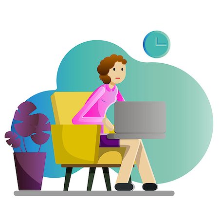 programmer (female) - Girl freelancer or business woman working with laptop in armchair, big plant standing nearby and clock on the wall, vector sign or banner Stock Photo - Budget Royalty-Free & Subscription, Code: 400-09113803