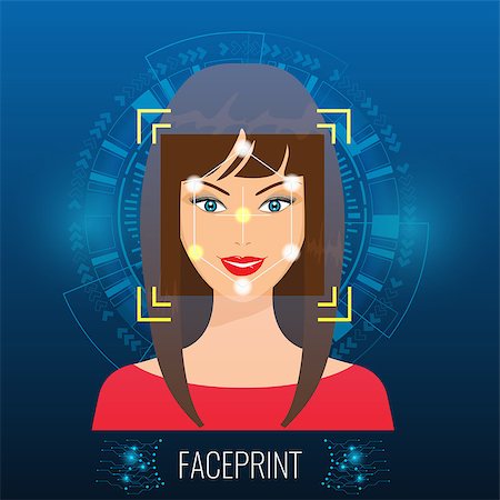 Face Recognition or Faceprint technology scanning woman's face with Abstract Tech Background. Illustrated vector. Stock Photo - Budget Royalty-Free & Subscription, Code: 400-09120029