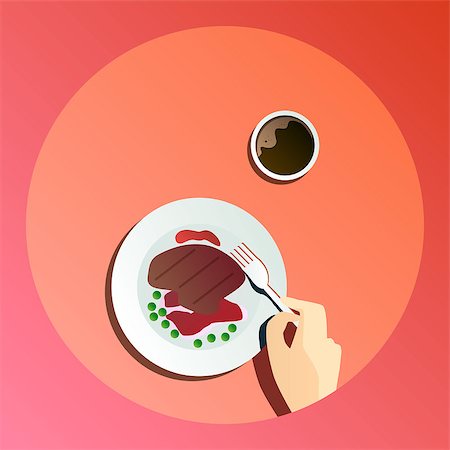 person eating bacon - Vector flat illustration catering party with people hands and a plate with dishes from the menu, bacon, grilled meat, green peas and coffee, top view banner Stock Photo - Budget Royalty-Free & Subscription, Code: 400-09120045
