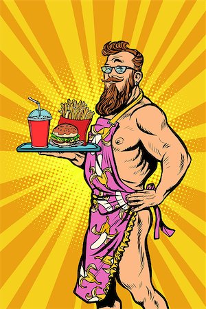 Sexy male waiter fast food restaurant. Comic cartoons pop art retro vector illustration kitsch drawing Stock Photo - Budget Royalty-Free & Subscription, Code: 400-09120300