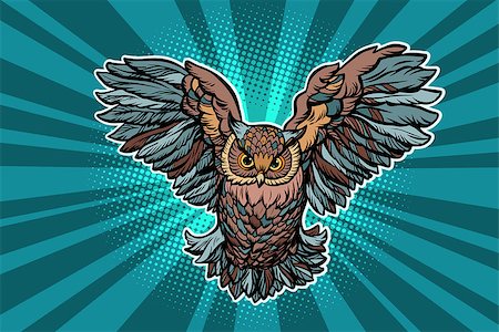 Beautiful realistic owl in flight. Comic book cartoon pop art retro vector illustration Stock Photo - Budget Royalty-Free & Subscription, Code: 400-09120302