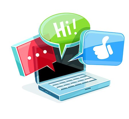 Icon for online web chat in social network at laptop with glossy glass clouds message bubbles with text and like icons. Eps10 vector illustration isolated on white (transparent) background. Stock Photo - Budget Royalty-Free & Subscription, Code: 400-09120647