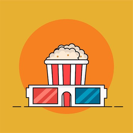 simsearch:400-06171207,k - Popcorn buckeand 3d glasses, movie entertainment. Cinema snack. Outline flat style. Fotografie stock - Microstock e Abbonamento, Codice: 400-09120653