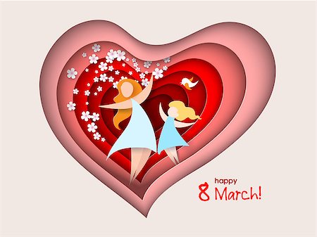 simsearch:690-03201687,k - Happy Womens Day card. Creative paper cut background with mom silhouette and her child with flowers. Vector illustration with beautiful woman and baby with paper frame heart shaped. Photographie de stock - Aubaine LD & Abonnement, Code: 400-09120748