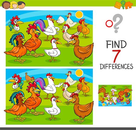 simsearch:400-07047642,k - Cartoon Illustration of Finding Seven Differences Between Pictures Educational Activity Game for Children with Chickens and Roosters Farm Animal Characters Group Stock Photo - Budget Royalty-Free & Subscription, Code: 400-09120764