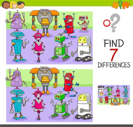 robot group - Cartoon Illustration of Finding Seven Differences Between Pictures Educational Activity Game for Children with Robots Fantasy Characters Group Stock Photo - Budget Royalty-Free & Subscription, Code: 400-09120765