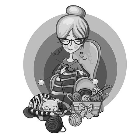 hand paint cartoon character happy cute Granny woman with glasses sits in a Chair and knitting needles striped, cat sleeps near around the scattered balls, monochrome illustration Stock Photo - Budget Royalty-Free & Subscription, Code: 400-09120786