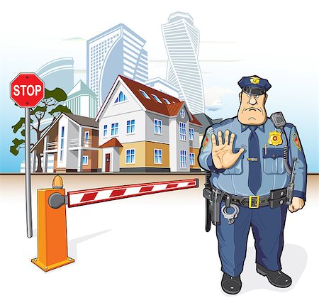 simsearch:400-04417976,k - Police officer, street - cottages and skyscrapers. Stop sign and barrier. Photographie de stock - Aubaine LD & Abonnement, Code: 400-09120826