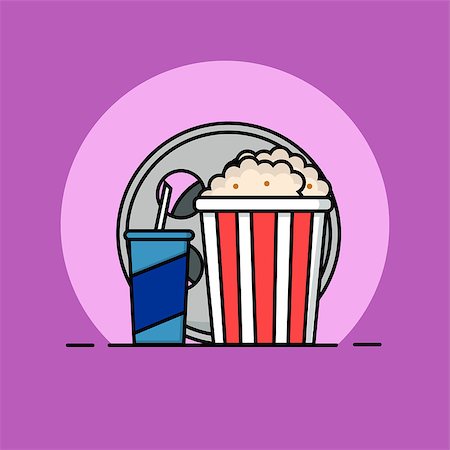 simsearch:400-09091954,k - Popcorn, filmstrip and soda with straw. Cinema icon in flat dsign style. Vector linear flat concept illustration Stock Photo - Budget Royalty-Free & Subscription, Code: 400-09120866