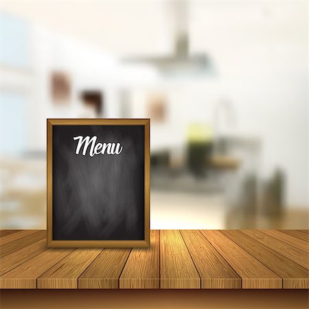 restaurant interior chalkboard - Chalkboard menu on a wooden table against a defocussed cafe interior background Stock Photo - Budget Royalty-Free & Subscription, Code: 400-09120920