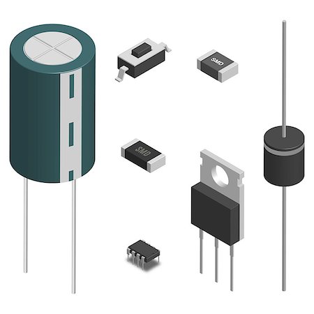 simsearch:400-09120941,k - Set of different active and passive electronic components isolated on white background. Resistor, capacitor, diode, microcircuit, fuse and button. 3D isometric style, vector illustration. Stock Photo - Budget Royalty-Free & Subscription, Code: 400-09120941