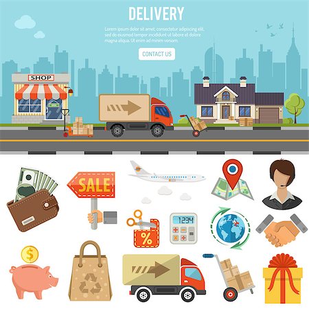 simsearch:400-08138759,k - Online internet shopping and delivery banner and infographics. Flat Style Icons shop, delivery, sale, storage and house. Isolated vector illustration Foto de stock - Royalty-Free Super Valor e Assinatura, Número: 400-09121085