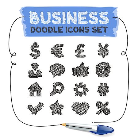 euro sign star - Business doodle icons. Vector hand-drawn elements set. Isolated on white background. Clipping paths included. Photographie de stock - Aubaine LD & Abonnement, Code: 400-09121080