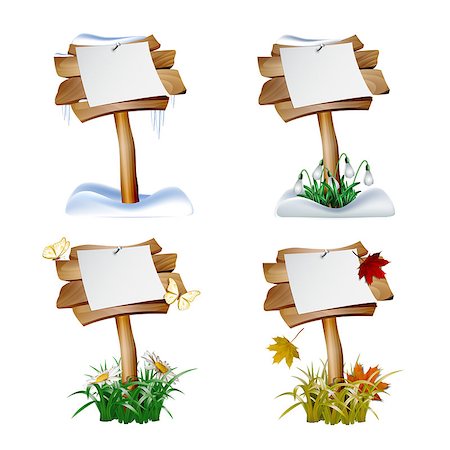 Set of wooden signs in four seasons. Autumn, faded grass and falling leaves. Winter, snow and icicles. Spring, white flowers of snowdrops. Summer, green grass, chamomiles and butterflies. Photographie de stock - Aubaine LD & Abonnement, Code: 400-09121303