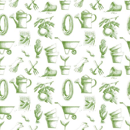 Seamless pattern with green color hand-drawn gardening elements Stock Photo - Budget Royalty-Free & Subscription, Code: 400-09121384