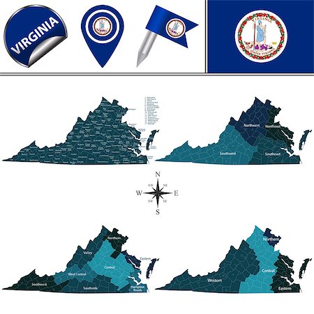 simsearch:400-09118115,k - Vector map of Virginia with named regions and travel icons Stock Photo - Budget Royalty-Free & Subscription, Code: 400-09121397
