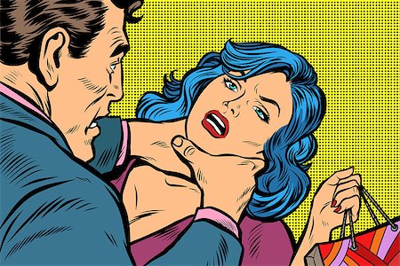 photo of a husband abusing wife - Scandal and domestic violence, a woman came with purchases from the sale. Pop art retro vector illustration kitsch drawing Stock Photo - Budget Royalty-Free & Subscription, Code: 400-09121416