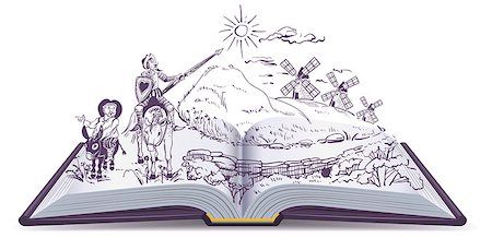 fauchen - Don Quixote open book vector cartoon illustration. Spanish literature education Stockbilder - Microstock & Abonnement, Bildnummer: 400-09121514