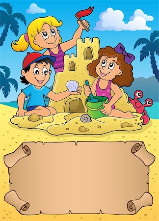 Small parchment and kids by sand castle - eps10 vector illustration. Stock Photo - Budget Royalty-Free & Subscription, Code: 400-09121554