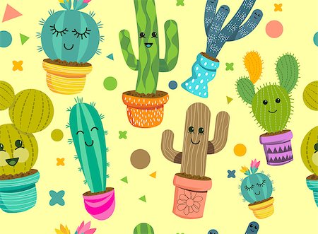 simsearch:400-09121573,k - A seamless pattern of cheerful cactus plant characters with smiling faces in colourful pots. Vector illustration. Photographie de stock - Aubaine LD & Abonnement, Code: 400-09121573