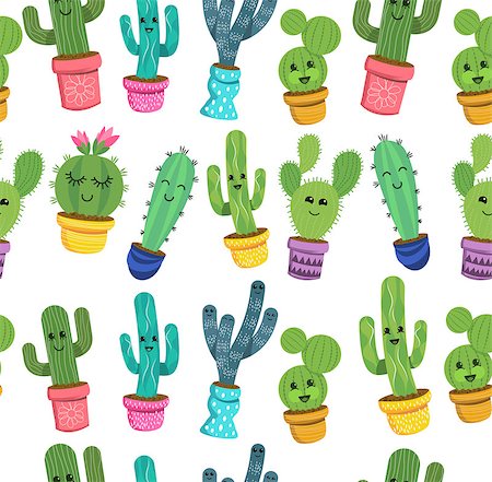 simsearch:400-09121573,k - A seamless pattern of cute cactus plant characters with smiling faces in colourful pots. Vector illustration. Photographie de stock - Aubaine LD & Abonnement, Code: 400-09121584