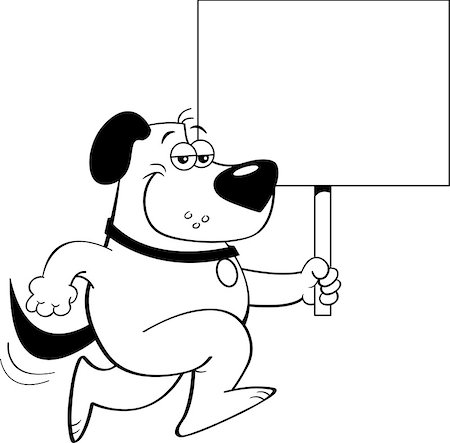 Black and white illustration of a dog running and holding a sign. Stock Photo - Budget Royalty-Free & Subscription, Code: 400-09121603