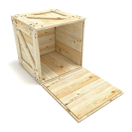 Open wooden box. 3D render illustration isolated on white background Stock Photo - Budget Royalty-Free & Subscription, Code: 400-09134007