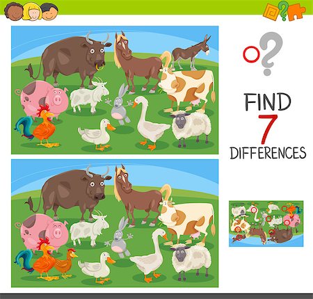 duck pig rabbit donkey - Cartoon Illustration of Finding Seven Differences Between Pictures Educational Activity Game for Children with Farm Animal Characters Group Stock Photo - Budget Royalty-Free & Subscription, Code: 400-09134047