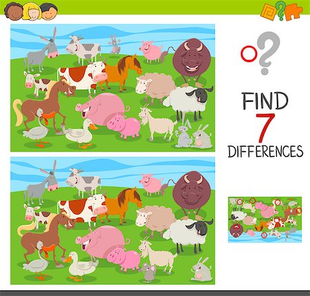 duck pig rabbit donkey - Cartoon Illustration of Finding Seven Differences Between Pictures Educational Activity Game for Children with Farm Animal Characters Stock Photo - Budget Royalty-Free & Subscription, Code: 400-09134048