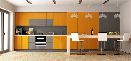 simsearch:400-07675125,k - Orange and gray modern kitchen with wooden island - 3d rendering Fotografie stock - Microstock e Abbonamento, Codice: 400-09136197