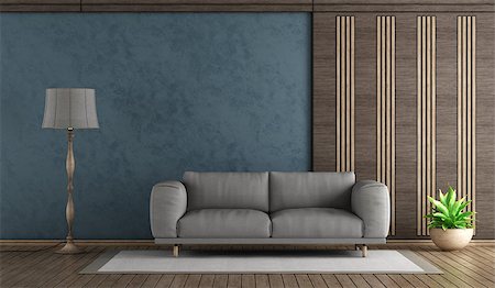simsearch:400-08797073,k - Elegant blue living room with sofa and decorative wooden panel - 3d rendering Photographie de stock - Aubaine LD & Abonnement, Code: 400-09136199