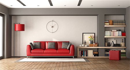 simsearch:400-08797073,k - Modern living room with red sofa and wooden bookcase - 3d rendering Photographie de stock - Aubaine LD & Abonnement, Code: 400-09136201